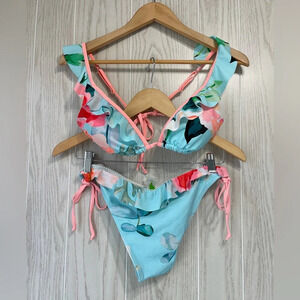 Palms Away Floral Aqua Peach Green Bikini NWOT Top L Bottom M